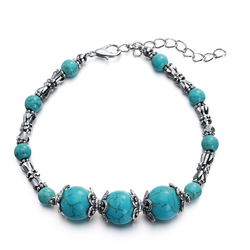 Turquoise Beaded Bracelet With Butterfly Charm Silver Boho Style_voghion.com