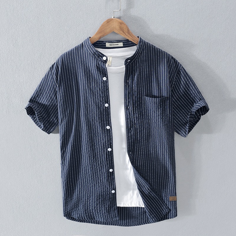 Camicia uomo a righe in cotone con collo alla coreana stile japa_voghion.com