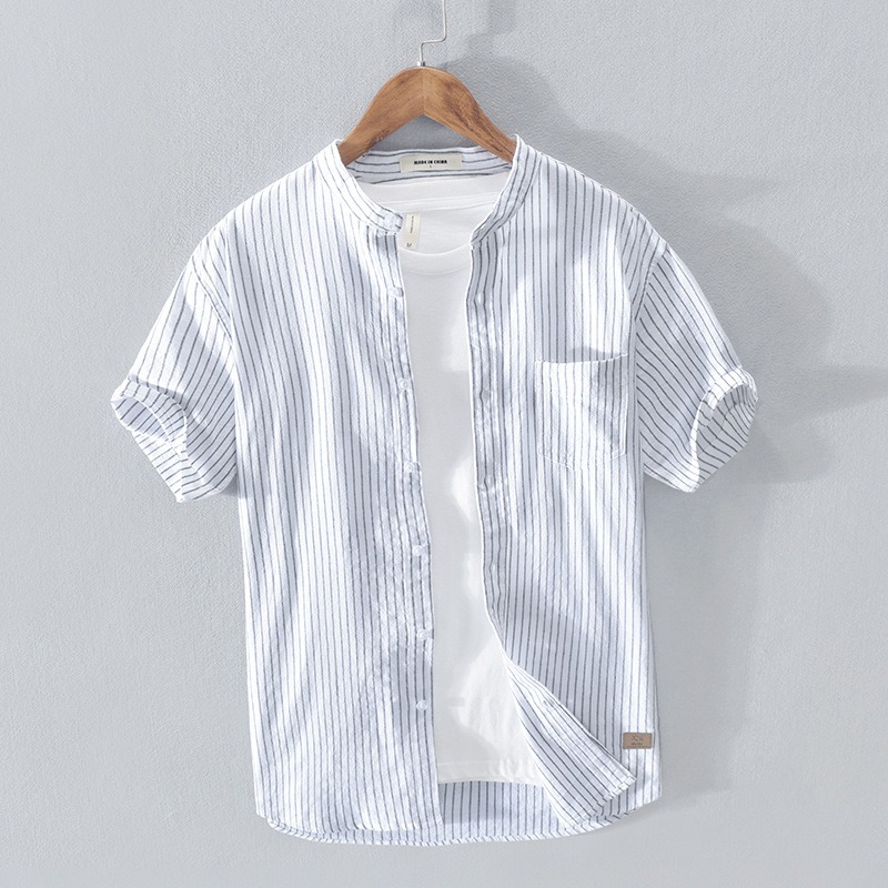 Camicia uomo a righe in cotone con collo alla coreana stile japa_voghion.com