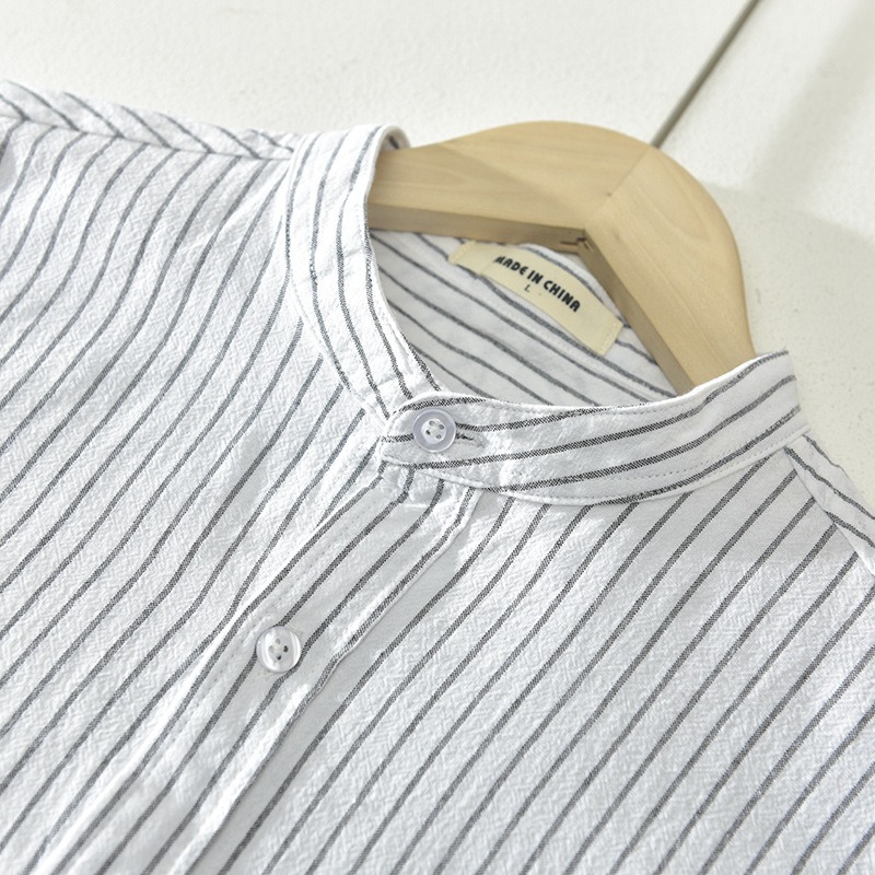 Camicia uomo a righe in cotone con collo alla coreana stile japa_voghion.com