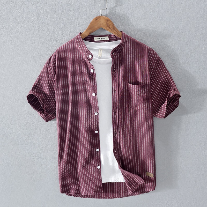 Camicia uomo a righe in cotone con collo alla coreana stile japa_voghion.com
