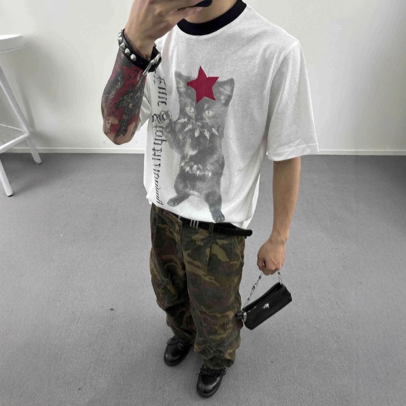 Vêtements pour hommes EME, T-shirt à manches longues imprimé chat rétro américain, coupe ample et polyvalente, idéal pour l'été._voghion.com