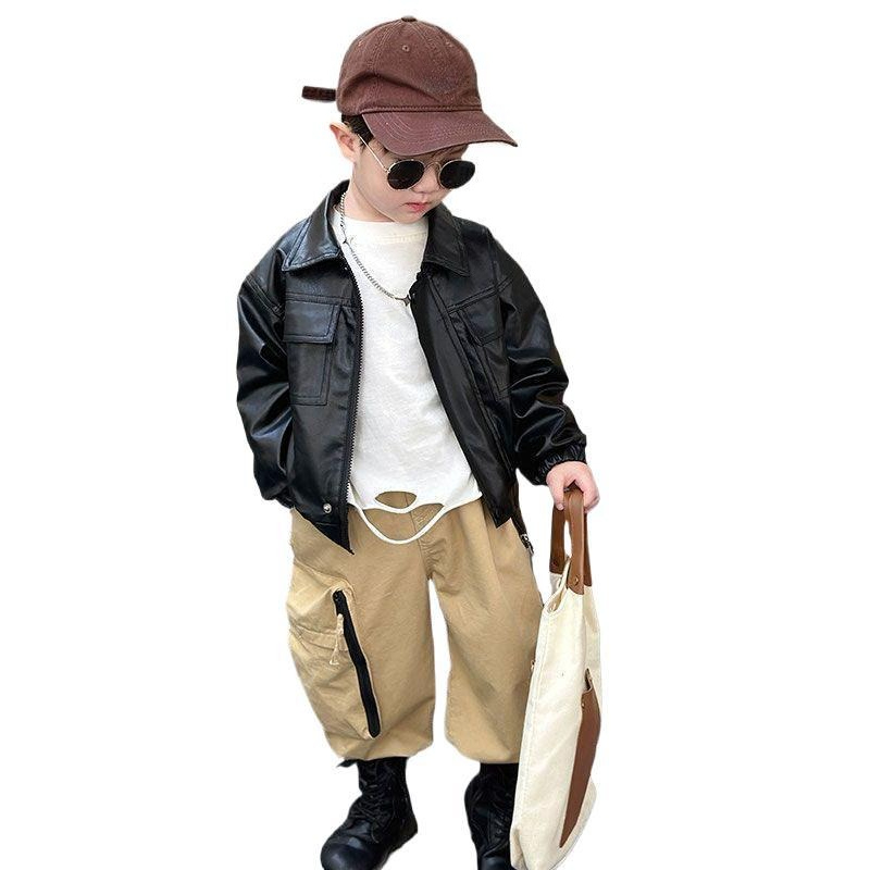 Boys Leather Jacket Children Ruffian Handsome Jacket Spring And Autumn 2025 New Baby Fried Street Jacket Boys Spring Clothes_voghion.com