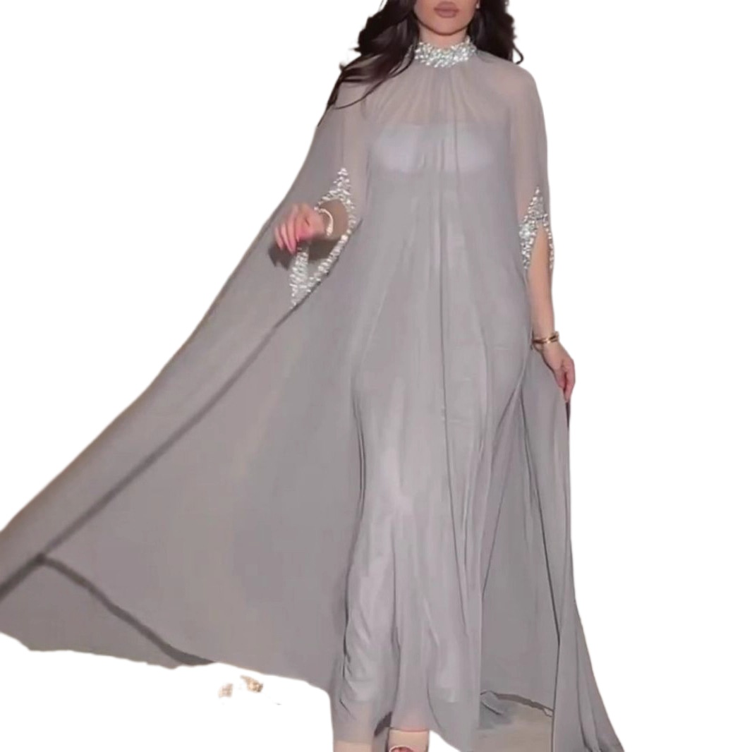 Elegant Chiffon Evening Dress With Cape And Beads Two Piece Set_voghion.com