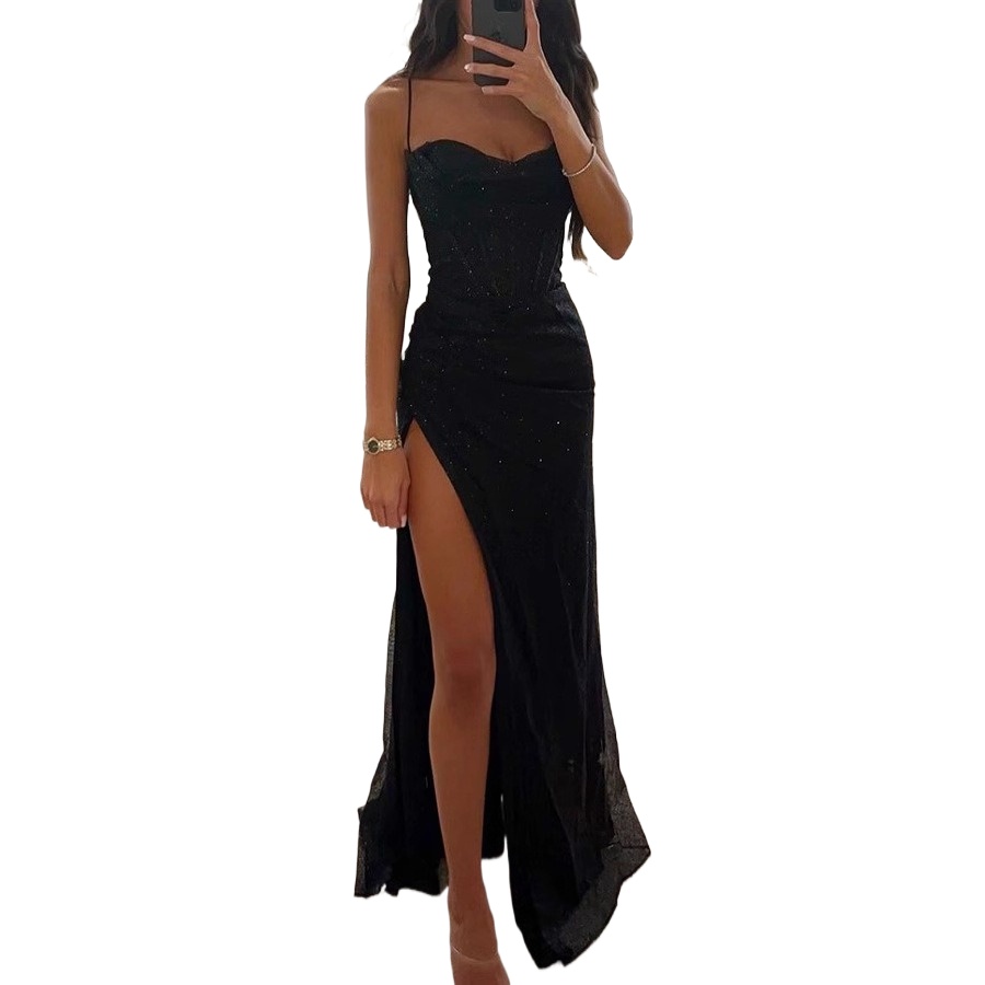 Feestjurk met bretels, losse casual jurk met split voor dames_voghion.com