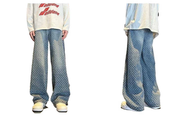 Wide-leg Pants Men's Jacquard Full Print Jeans Old High Street Straight Pants_mkmklike.com