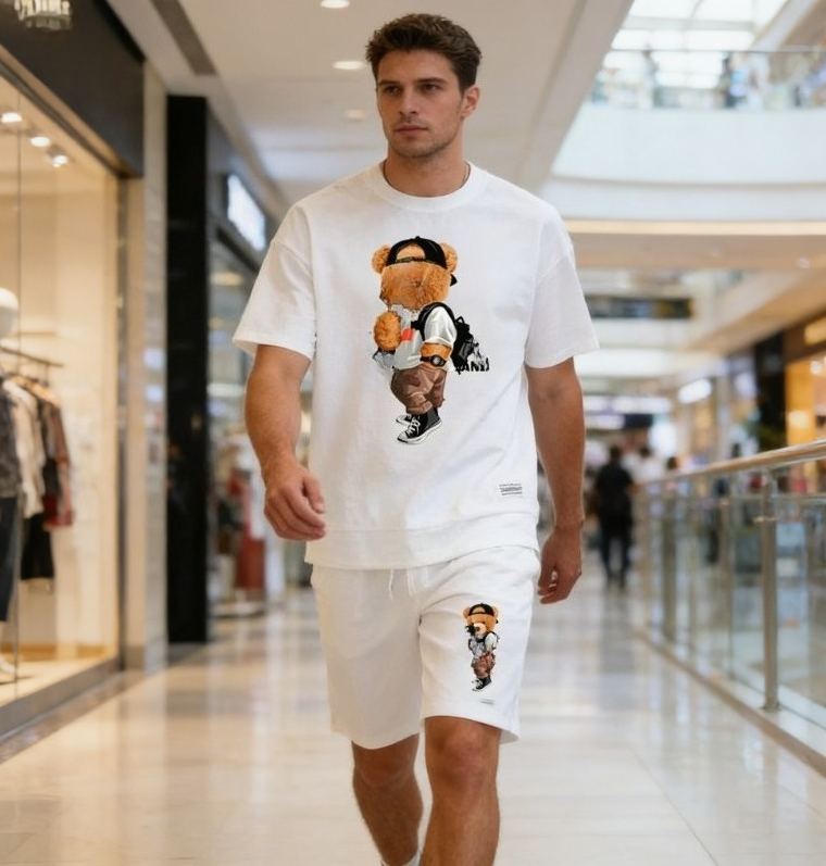 New Hip-hop Summer Street-style Waffle Clothing Featuring The Cool Bear Pattern - Luxurious Short Pants Set For Direct Sale_voghion.com