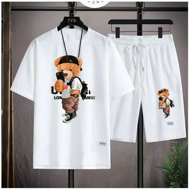 Hip-hop Bear Pattern Waffle Short Set Summer Street Style Men_voghion.com