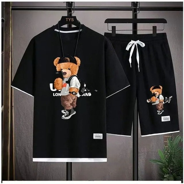 Hip-hop Bear Pattern Waffle Short Set Summer Street Style Men_voghion.com