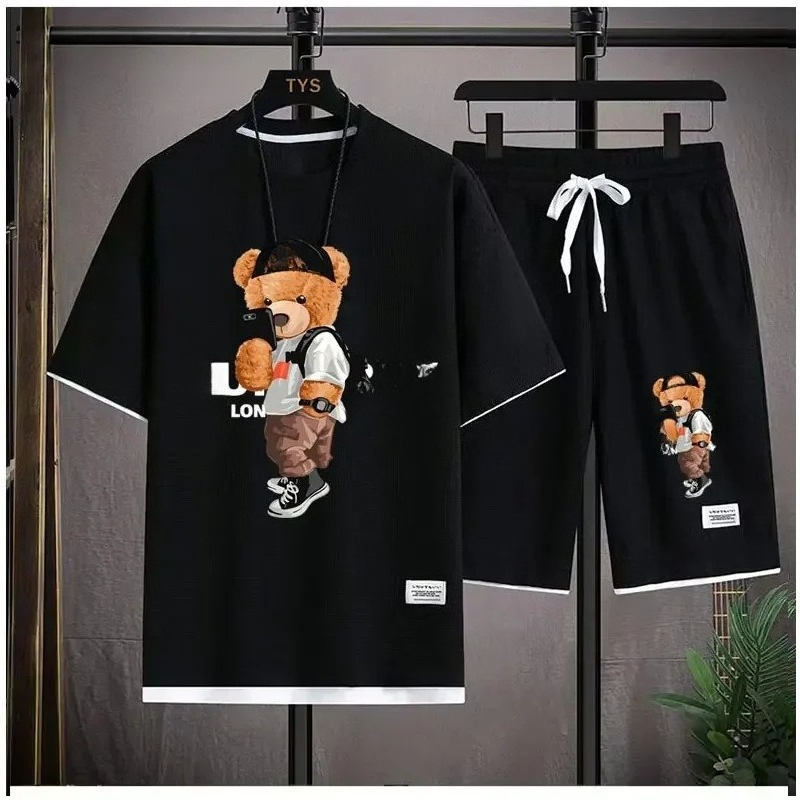 New Hip-hop Summer Street-style Waffle Clothing Featuring The Cool Bear Pattern - Luxurious Short Pants Set For Direct Sale_voghion.com