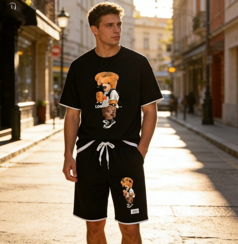 New Hip-hop Summer Street-style Waffle Clothing Featuring The Cool Bear Pattern - Luxurious Short Pants Set For Direct Sale_voghion.com