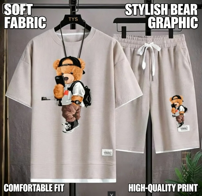 New Hip-hop Summer Street-style Waffle Clothing Featuring The Cool Bear Pattern - Luxurious Short Pants Set For Direct Sale_voghion.com