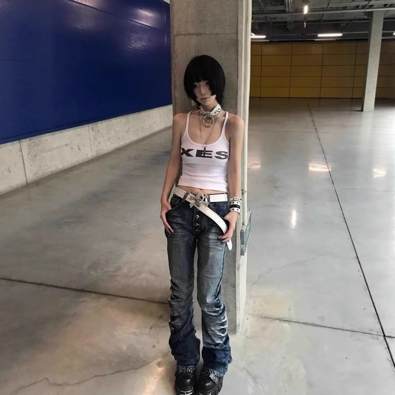 High Stretch Curved Blade Jeans Ice Blue Distressed Denim Pants_voghion.com