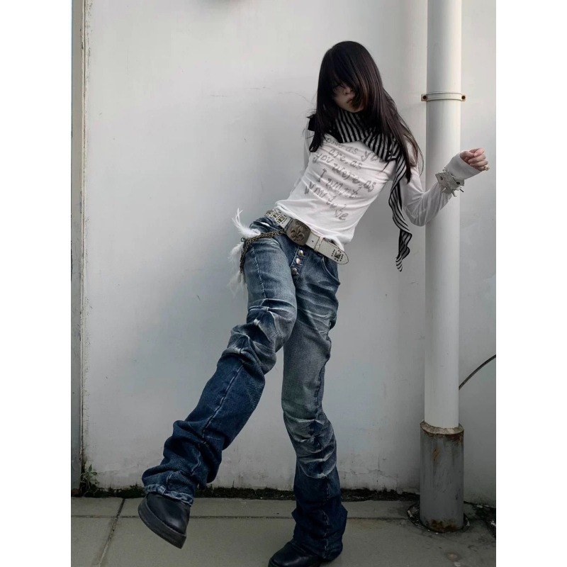 High Stretch Curved Blade Jeans Ice Blue Distressed Denim Pants_voghion.com