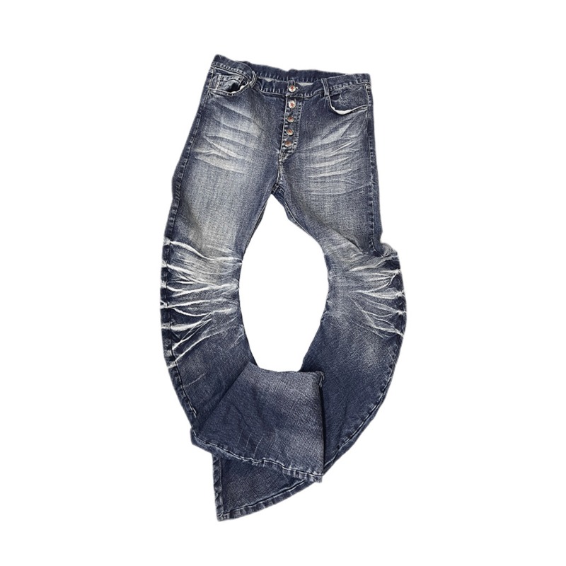 High Stretch Curved Blade Jeans Ice Blue Fog Wash Distressed Denim Pants American High Street Style For Men_voghion.com