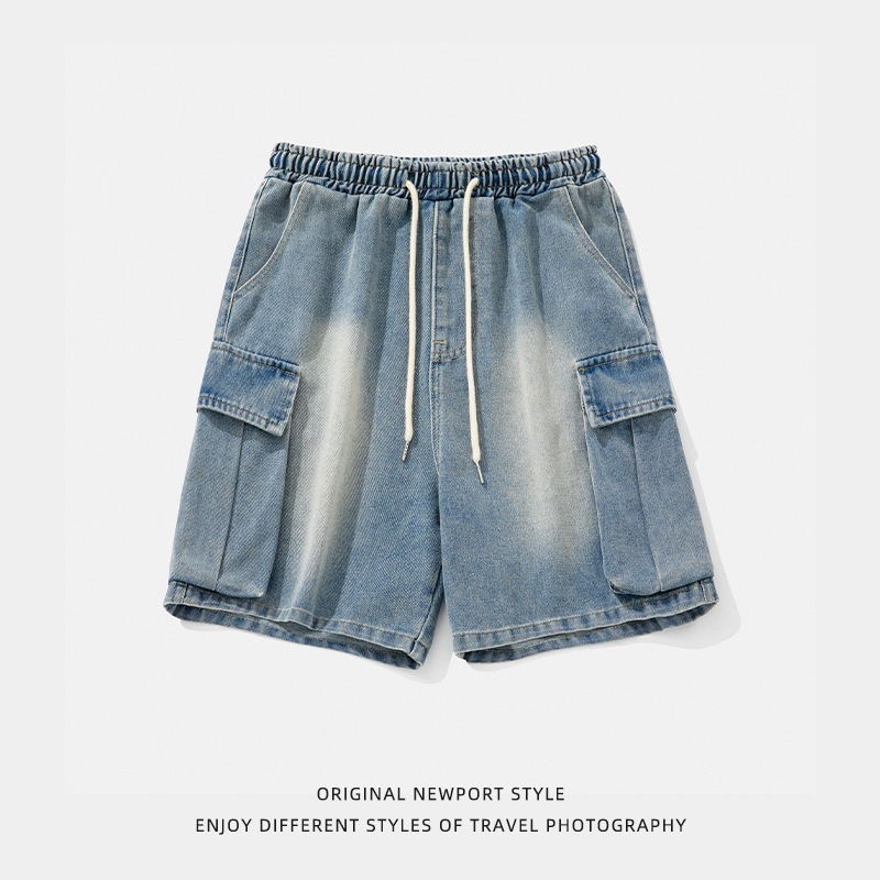 Pantalones cortos vaqueros de mezclilla con efecto desgastado para hombre, estilo veraniego, nuevos, holgados, con bolsillos grandes tridimensionales, estilo casual de cinco puntos._voghion.com