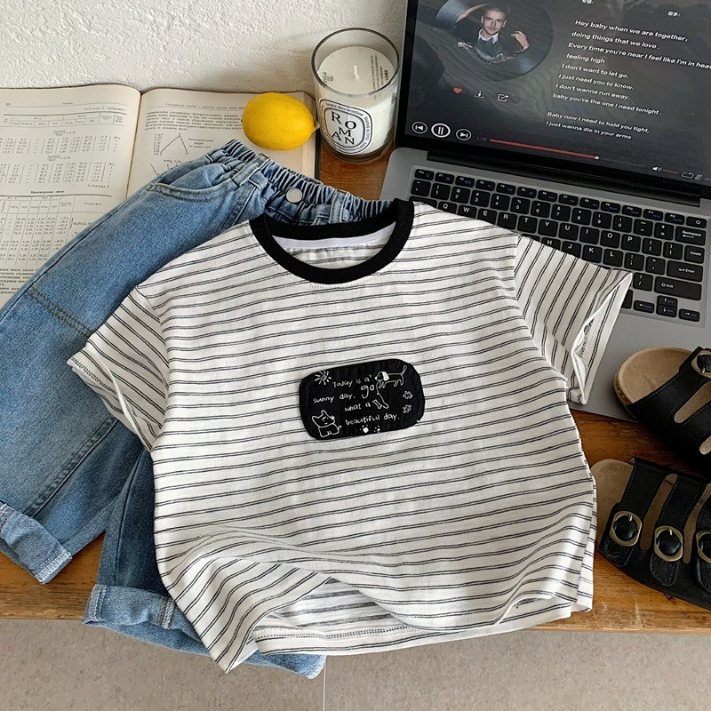 New Children's Striped Summer Fashion Round Neck Short Sleeve T-Shirt For Boys And Girls, Stylish Layering Top With Color Blocking_voghion.com