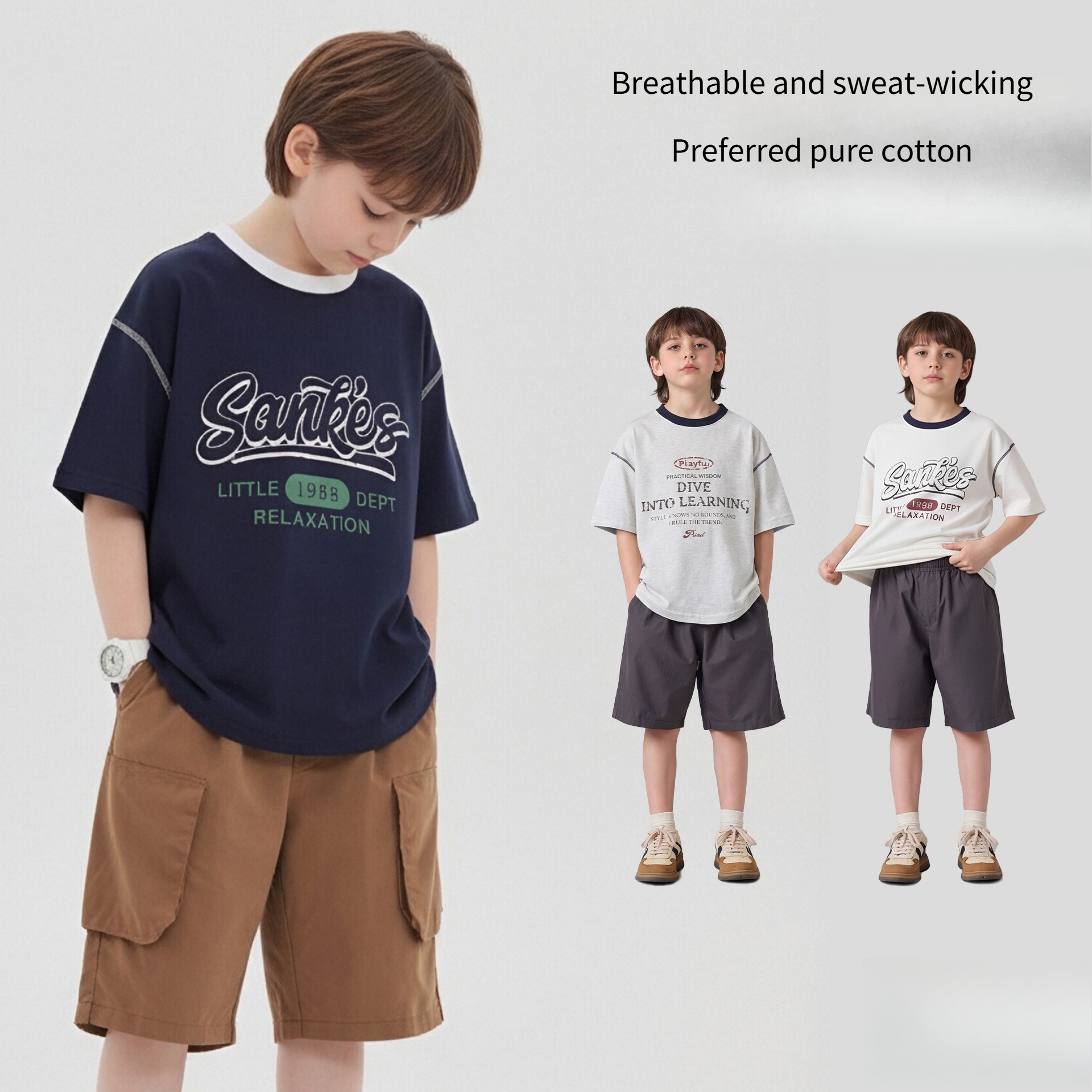 26 New Children's Cotton Short Sleeve T-Shirt Boys' Summer Loose Printed Top Boys' Medium And Older Children's Casual Bottom Shirt_voghion.com