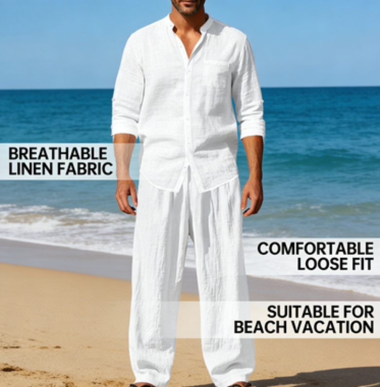 Koszula męska Four Seasons Linen, luźna, oddychająca, z długim rękawem, na co dzień, na plażę, w miejscu_voghion.com