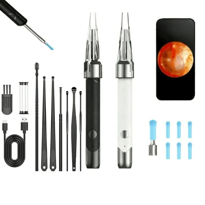 Kit d'extraction de cérumen sans fil rechargeable avec caméra 5 MP et cure-oreilles pour le nettoyage du conduit auditif._voghion.com