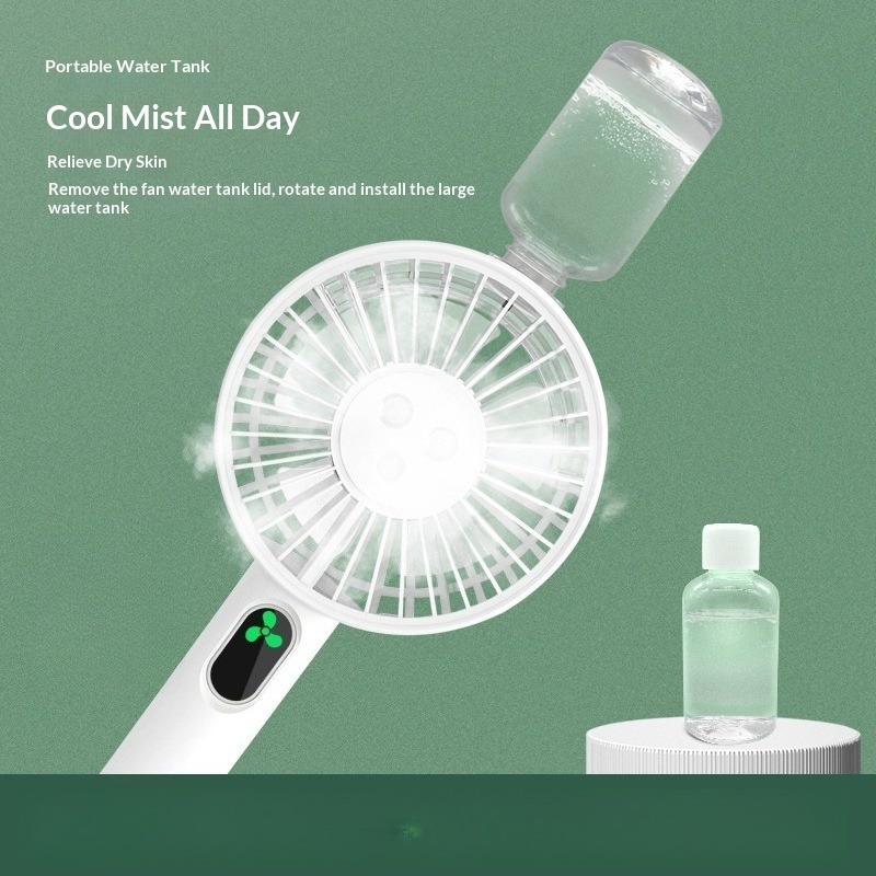 Neuer kleiner, tragbarer Ventilator mit Doppelfunktion für den Sommer, ideal für draußen, mit langer Akkulaufzeit und Sprühfunktion für kalte Temperaturen_voghion.com
