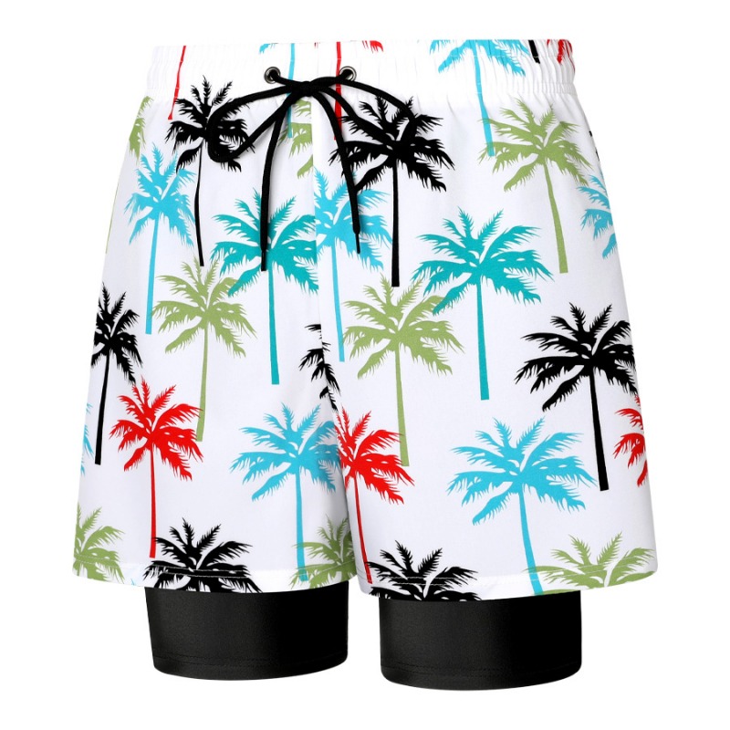 Men's Double Layer Swim Shorts With Coconut Tree Print_voghion.com