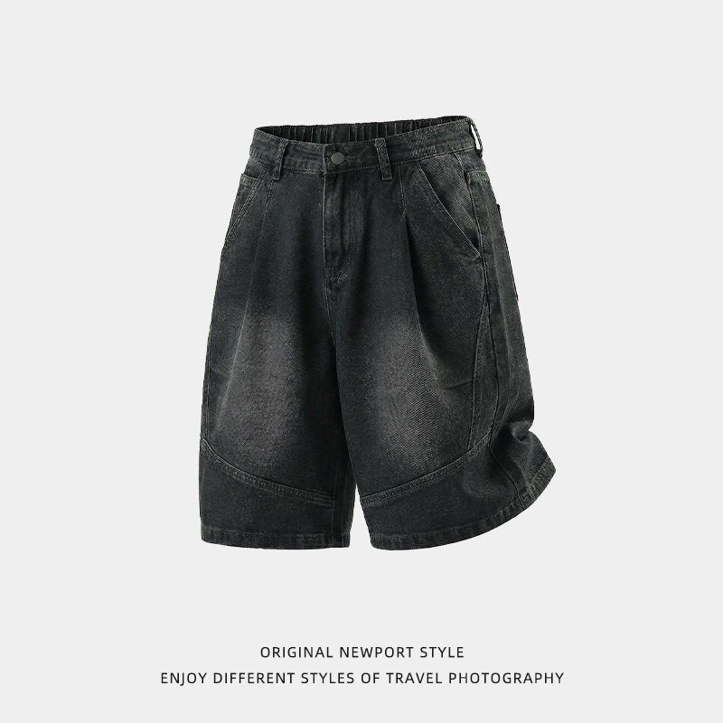 Herren Denim Shorts Locker Retro Gewaschene Pleated Five-point_voghion.com