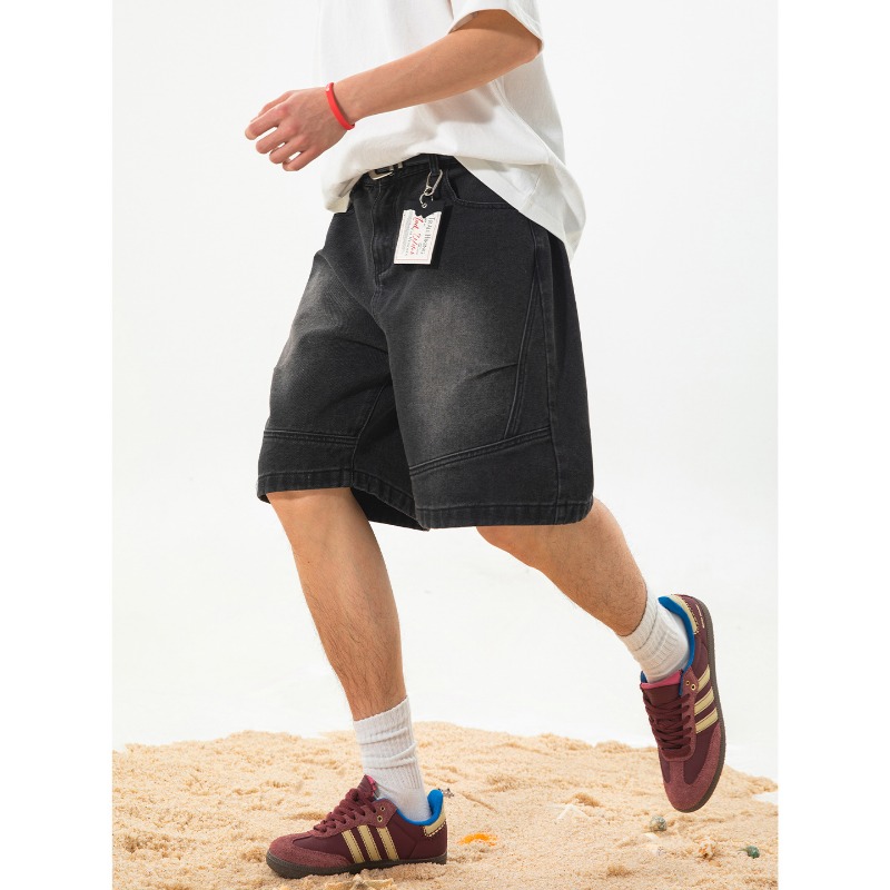 Herren Denim Shorts Locker Retro Gewaschene Pleated Five-point_voghion.com