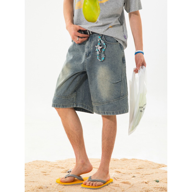 Herren Denim Shorts Locker Retro Gewaschene Pleated Five-point_voghion.com