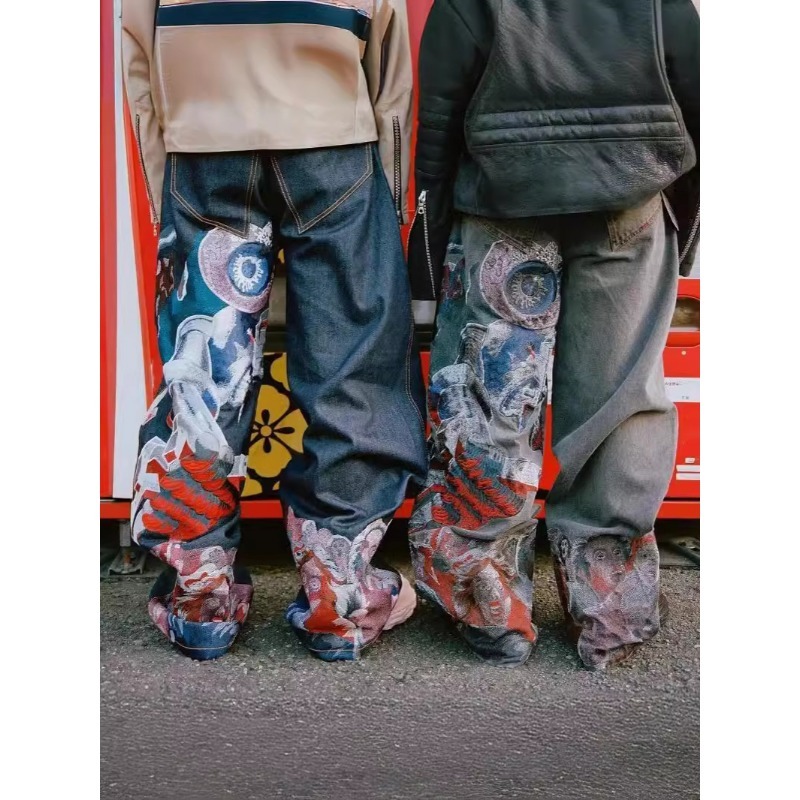 Men's Y2K Hip Hop Punk Embroidered Baggy Jeans, Heavy Duty Vintage Style Wide Leg Denim Pants Streetwear_mkmklike.com