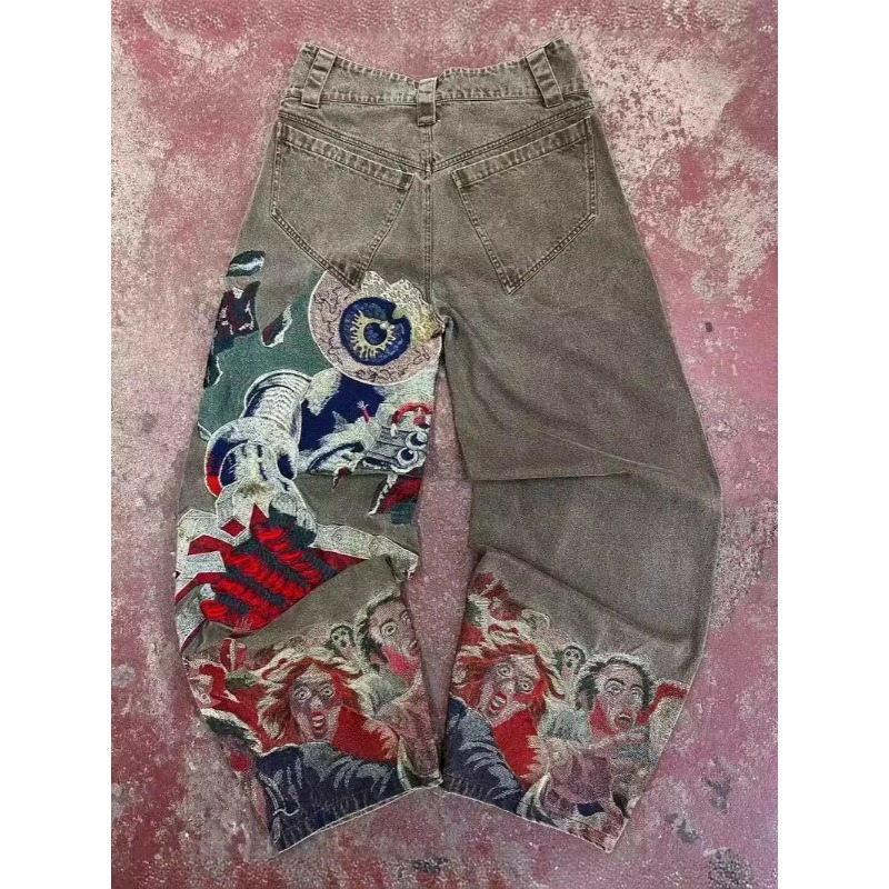Men's Y2K Hip Hop Punk Embroidered Baggy Jeans, Heavy Duty Vintage Style Wide Leg Denim Pants Streetwear_mkmklike.com