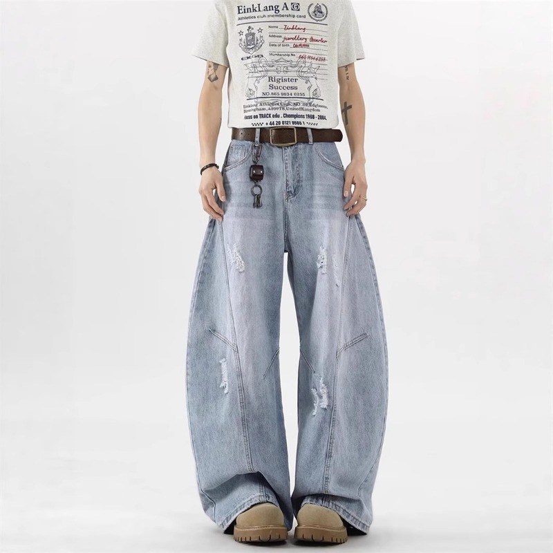 Deconstructed Ripped Curved Blade Straight Leg Jeans, Unisex Oversized Clean Fit High Street Casual Denim Pants_mkmklike.com