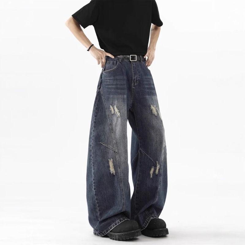 Deconstructed Ripped Curved Blade Straight Leg Jeans, Unisex Oversized Clean Fit High Street Casual Denim Pants_mkmklike.com