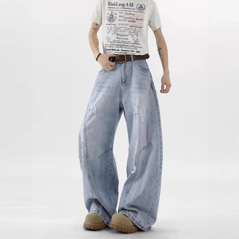 Deconstructed Ripped Curved Blade Straight Leg Jeans, Unisex Oversized Clean Fit High Street Casual Denim Pants_mkmklike.com
