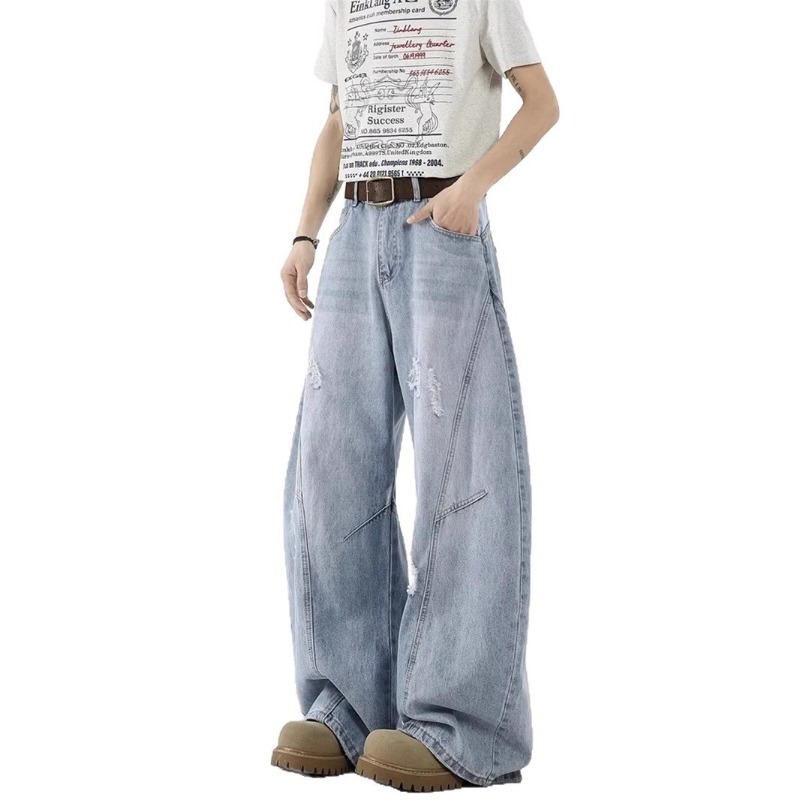 Deconstructed Ripped Curved Blade Straight Leg Jeans, Unisex Oversized Clean Fit High Street Casual Denim Pants_mkmklike.com