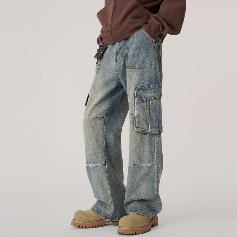 Vintage Washed Patchwork Cargo Wide Leg Jeans, Men's American High Street Loose Straight Streetwear Denim Pants_mkmklike.com