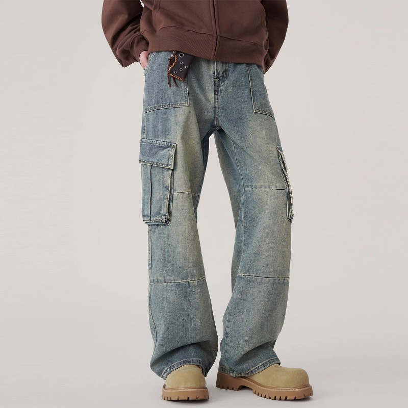 Vintage Washed Patchwork Cargo Wide Leg Jeans, Men's American High Street Loose Straight Streetwear Denim Pants_mkmklike.com