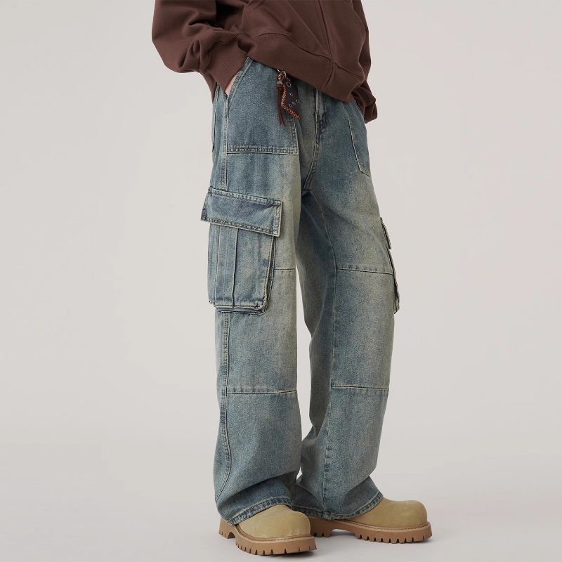 Vintage Washed Patchwork Cargo Wide Leg Jeans, Men's American High Street Loose Straight Streetwear Denim Pants_mkmklike.com