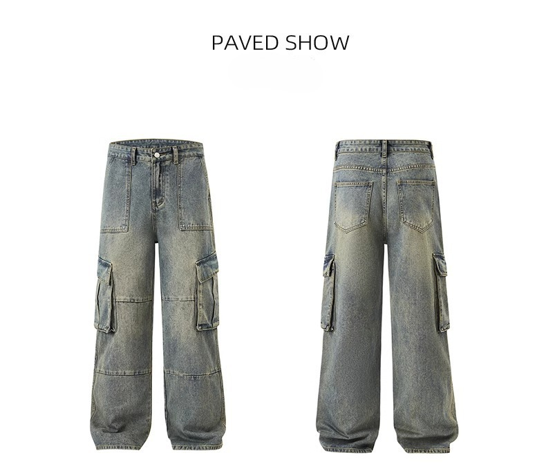 Vintage Washed Patchwork Cargo Wide Leg Jeans, Men's American High Street Loose Straight Streetwear Denim Pants_mkmklike.com
