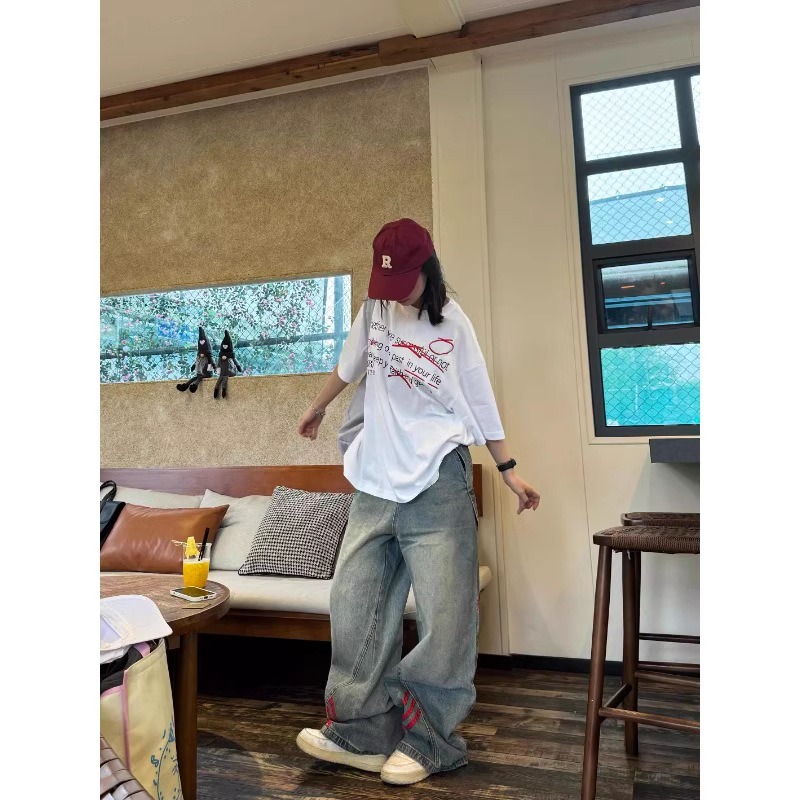 Washed Retro Jeans Men's Straight Loose Wide-leg American High Street Pants Trendy Brand Ruffian Handsome Striped Splicing Trousers_mkmklike.com