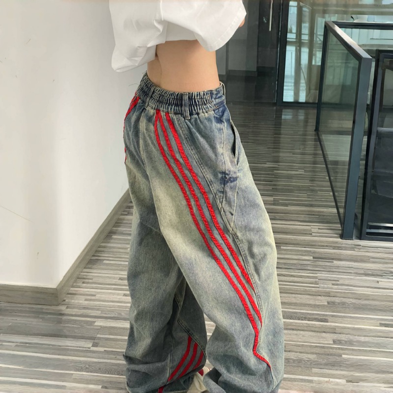 Washed Retro Jeans Men's Straight Loose Wide-leg American High Street Pants Trendy Brand Ruffian Handsome Striped Splicing Trousers_mkmklike.com