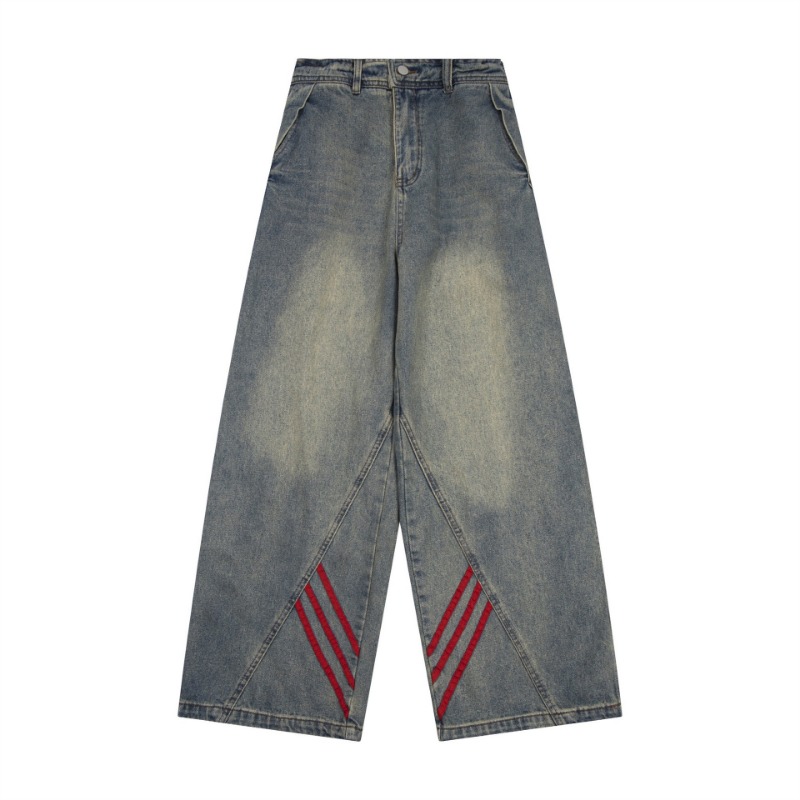 Washed Retro Jeans Men's Straight Loose Wide-leg American High Street Pants Trendy Brand Ruffian Handsome Striped Splicing Trousers_mkmklike.com