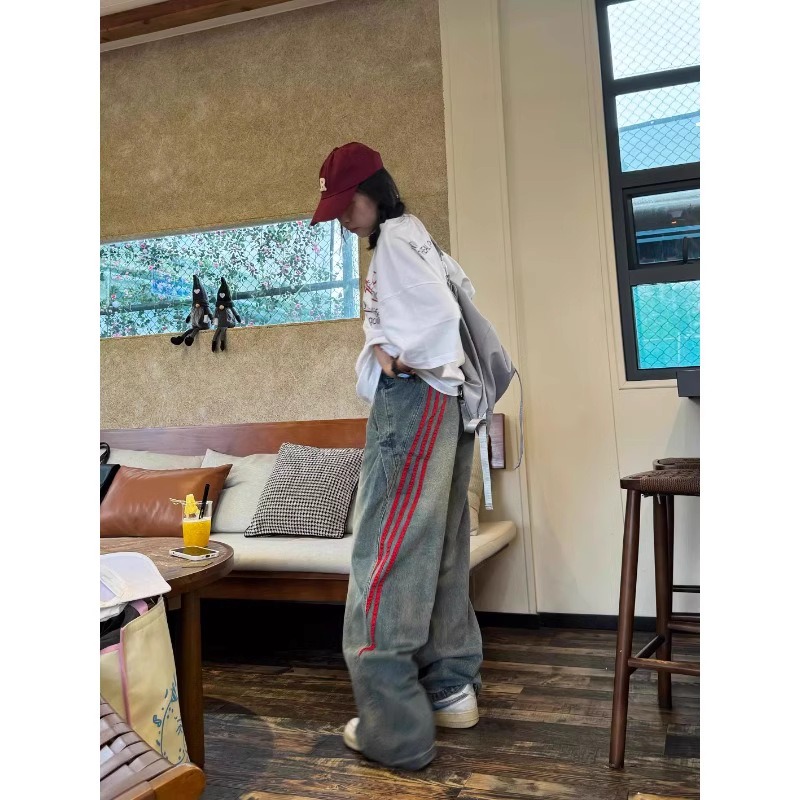 Washed Retro Jeans Men's Straight Loose Wide-leg American High Street Pants Trendy Brand Ruffian Handsome Striped Splicing Trousers_mkmklike.com