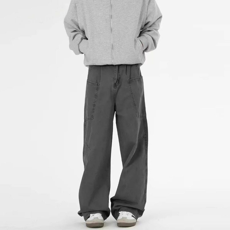 Men's Washed Cargo Pocket Wide Leg Jeans, American High Street Loose Straight Casual Trendy Versatile Denim Pants_mkmklike.com