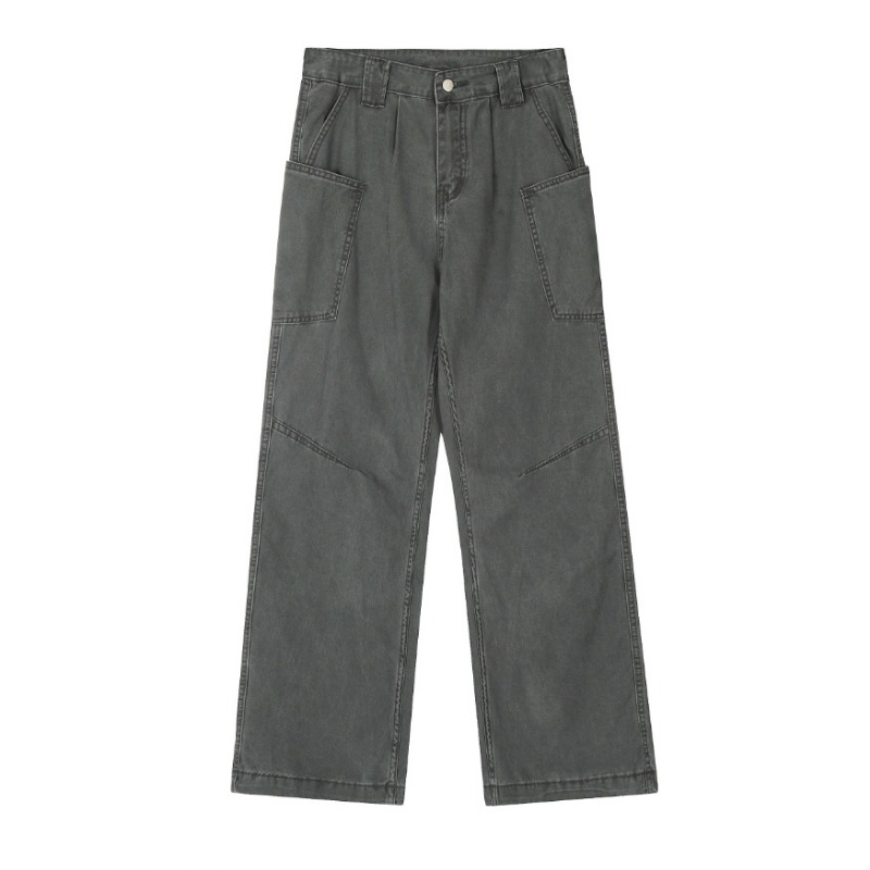 Men's Washed Cargo Pocket Wide Leg Jeans, American High Street Loose Straight Casual Trendy Versatile Denim Pants_mkmklike.com