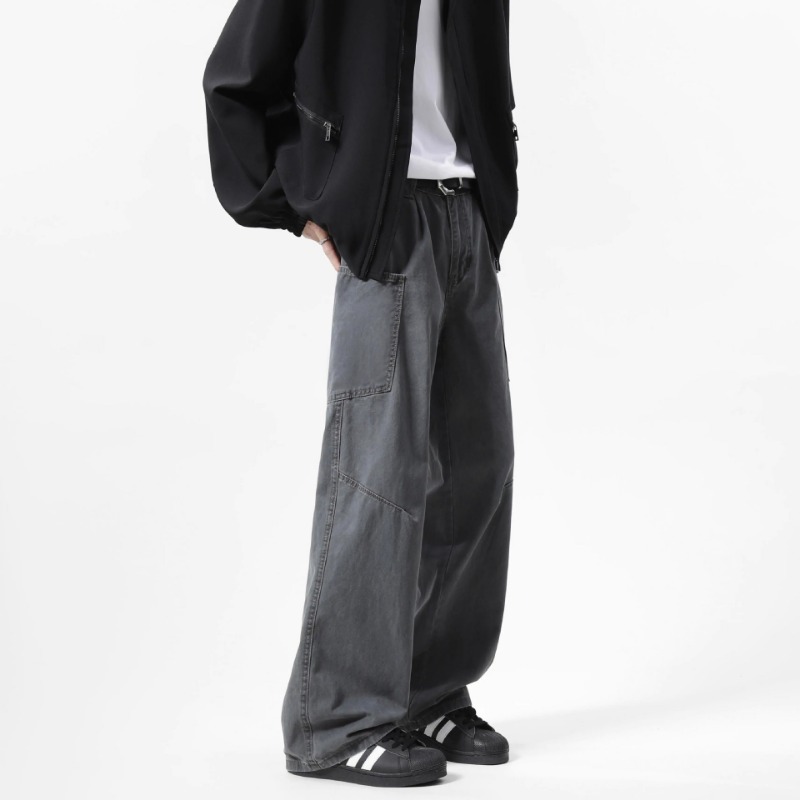 Men's Washed Cargo Pocket Wide Leg Jeans, American High Street Loose Straight Casual Trendy Versatile Denim Pants_mkmklike.com