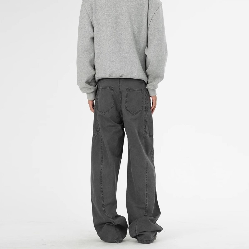 Men's Washed Cargo Pocket Wide Leg Jeans, American High Street Loose Straight Casual Trendy Versatile Denim Pants_mkmklike.com