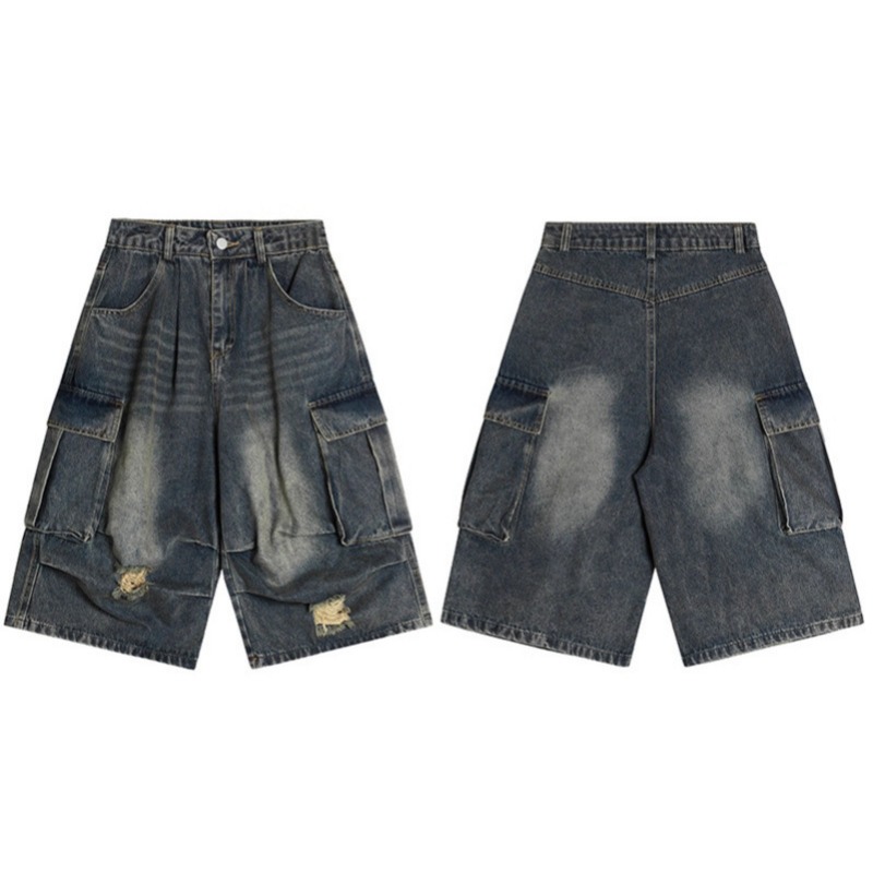 Pantaloncini cargo in denim multitasche American Vintage Washed da uomo 2026, pantaloni capri casual 7/7 plissettati e drappeggiati._voghion.com