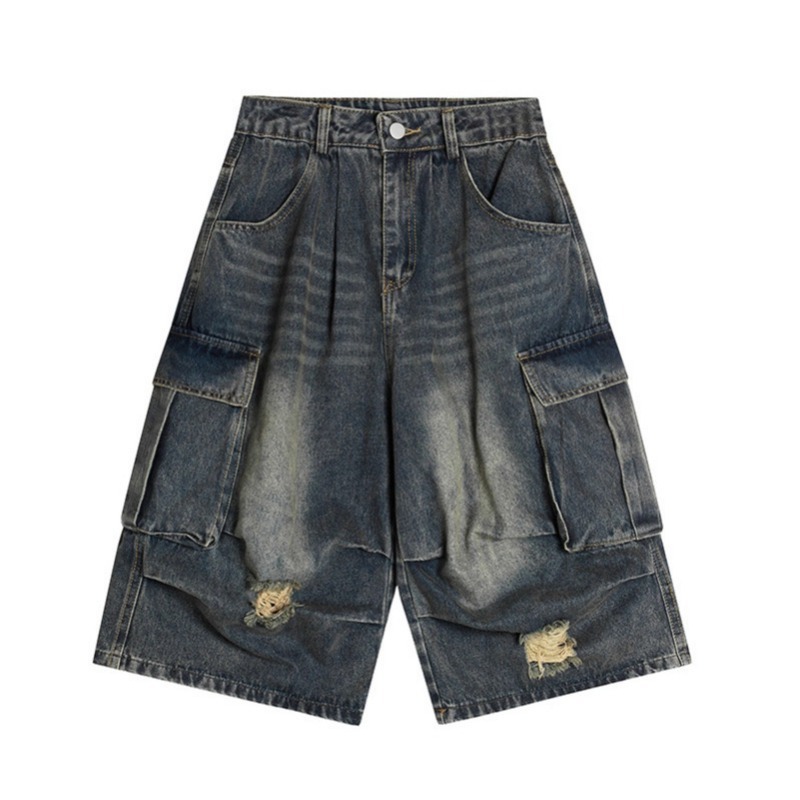 Pantaloncini cargo in denim vintage da uomo con tasche multi_voghion.com
