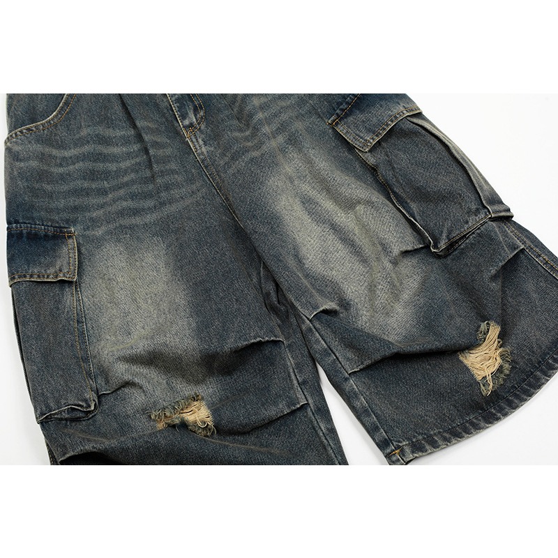 Pantaloncini cargo in denim multitasche American Vintage Washed da uomo 2026, pantaloni capri casual 7/7 plissettati e drappeggiati._voghion.com